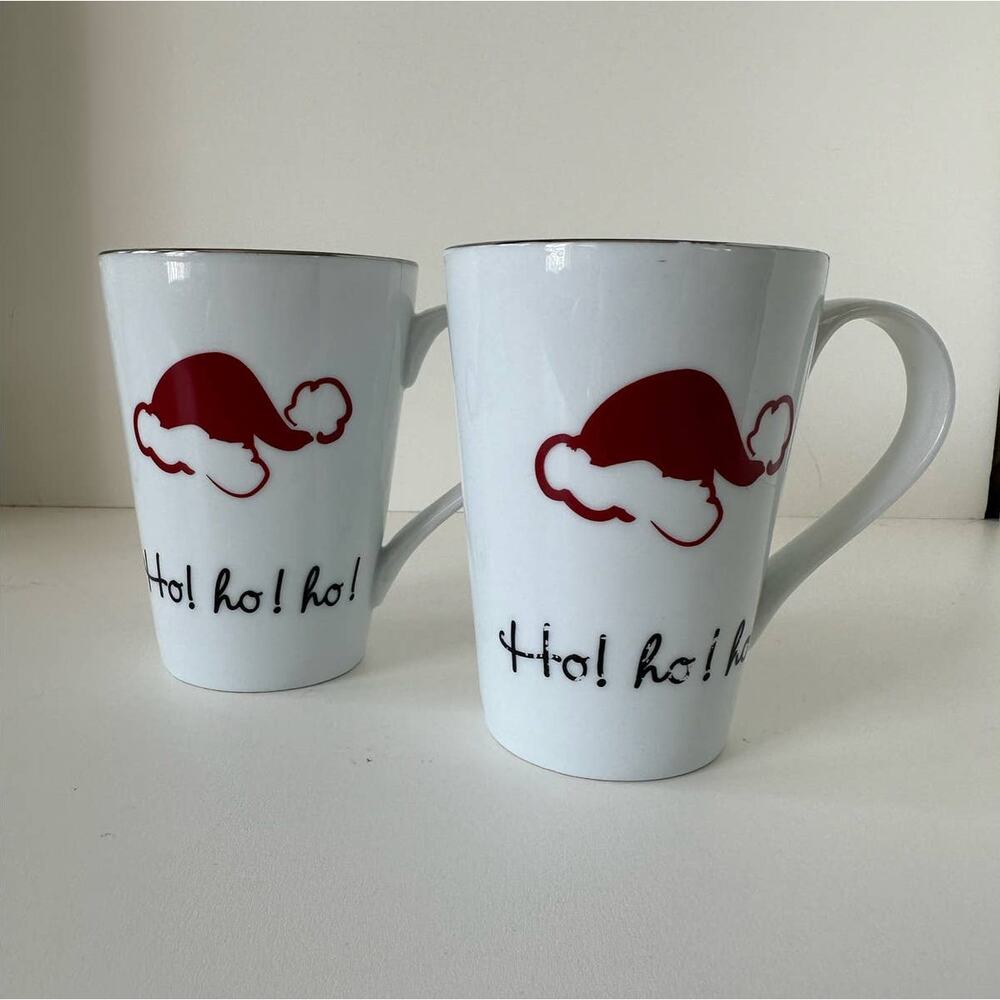 Vintage St Nicholas Square mugs, Santa, HoHoHo, Fa-la-la-la coffee, set of 2